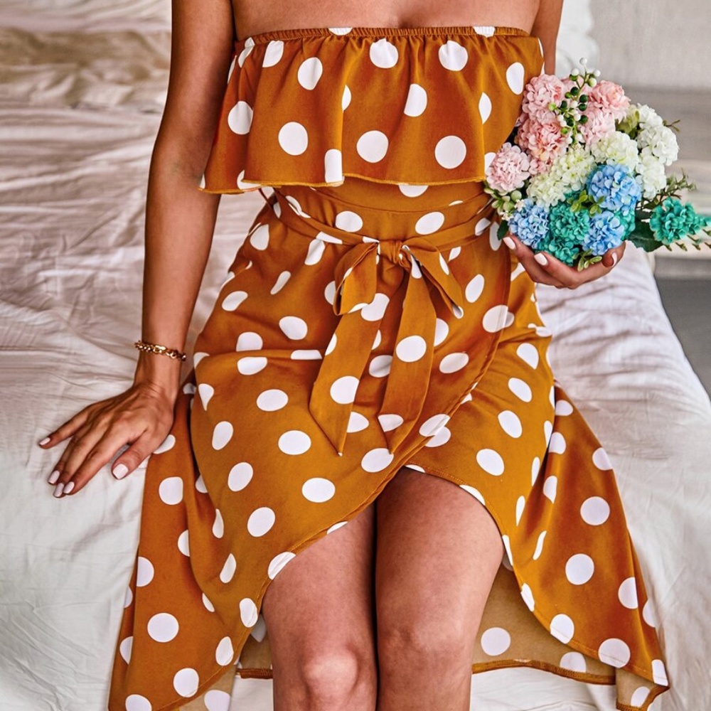 Boho Mustard Polka Dot Belted Ruffle Mini Dress - Picture 4 of 6